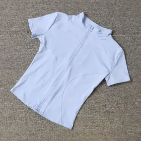 Color: Blue, Size: M - Summer High Quality Waist Slimming Training Tops Women'S Quick-Drying Tight Stand Collar Full Zipper Short Sleeves Yoga Shirts