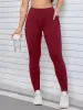 Color: Rose Red, Size: M - Women Solid Color High Waist Leggings with Pockets ,All-Season Casual Sports Running, Workout, and Fitness Yoga Pants