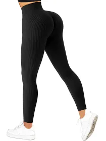 Color: black, Size: M - Women's Ribbed High Waist Fitness Leggings Simple Yoga Daily Leisure High Waist Sports Cycling Pants