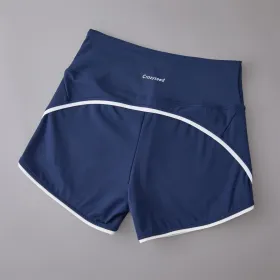 Color: DEEP BLUE, Size: M - 2024 New Color Contrast High Waist Sports Shorts Tight Elastic Peach Hip Training Fitness Yoga Hot Pants