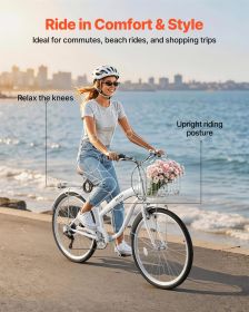 Women Bike, 26 In Beach Cruiser Bike, 7-Speed Adult City Bicycle With Carbon Steel Frame, 330 Lbs Capacity, Basket, Rear Rack & Dual V-Brakes, White