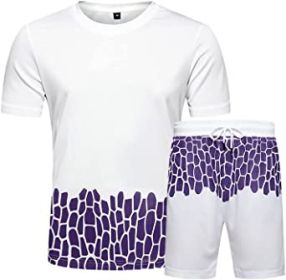 Men's Casual Crack Pattern Suits Fashion Short Sleeve T-Shirt And Shorts Loose Two-Piece Sets (Color: White-L)
