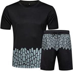 Men's Casual Crack Pattern Suits Fashion Short Sleeve T-Shirt And Shorts Loose Two-Piece Sets (Color: Black-M)