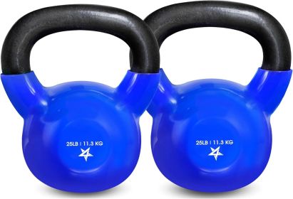 Kettlebell, 5-100 LB Vinyl Coated Cast Iron Strength Training Kettlebells for Home Gym Exercises, Fitness, Full Body Workout Equipment, Push Ups (Color: E. 25LB - Dark Blue  Vinyl Coated - Pair)