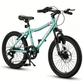 20 Inch Kids Mountain Bike, 7-Speed Boys Girls Bicycle with Front Suspension, Disc & V-Brake, Steel Frame Children\'s Bike for Ages 6-12 (Color: Green)