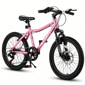 20 Inch Kids Mountain Bike, 7-Speed Boys Girls Bicycle with Front Suspension, Disc & V-Brake, Steel Frame Children\'s Bike for Ages 6-12 (Color: Pink)
