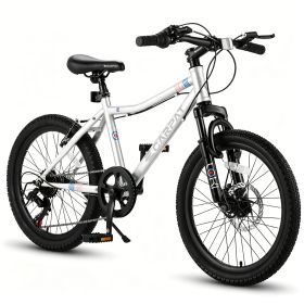 20 Inch Kids Mountain Bike, 7-Speed Boys Girls Bicycle with Front Suspension, Disc & V-Brake, Steel Frame Children\'s Bike for Ages 6-12 (Color: White)