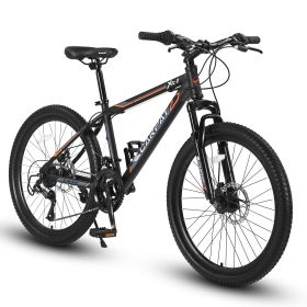S24102 24 Inch Mountain Bike Boys Girls, Steel Frame, 21 Speed Mountain Bicycle with Daul Disc Brakes and Front Suspension MTB (Color: BLACK-ORANGE)