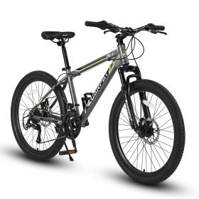 S24102 24 Inch Mountain Bike Boys Girls, Steel Frame, 21 Speed Mountain Bicycle with Daul Disc Brakes and Front Suspension MTB (Color: Gray)