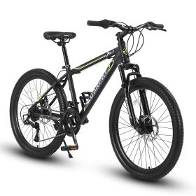 S24102 24 Inch Mountain Bike Boys Girls, Steel Frame, 21 Speed Mountain Bicycle with Daul Disc Brakes and Front Suspension MTB (Color: BLACK-GREEN)
